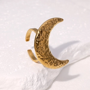 Hammered texture 18K gold crescent moon open ring with minimalist stainless steel design