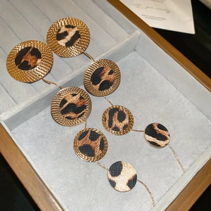 Detailed view of layered leopard print round earrings with golden textured frames