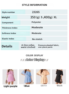 Detail of pleated fabric texture and sizing specs for this off-shoulder summer romper
