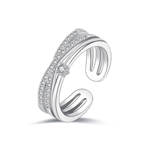 Silver multi-layer crisscross open ring with micro-paved cubic zirconia stones