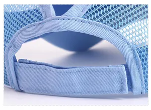 Detail view of light blue mesh ponytail cap showing secure velcro strap and sewing