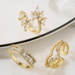Irregular Geometric Open Ring Copper Gold Plated Pear Cut Zircon Micro Pave Chic Adjustable Finger Jewelry For Women