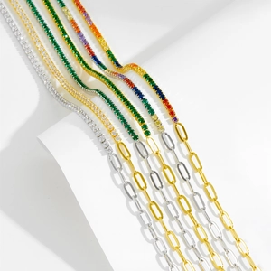S925 sterling silver paperclip chain necklace with colorful zircon stone settings