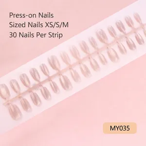 Detail view of 30 pieces ice translucent pink press-on nails in various sizes