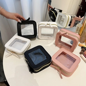 Clear window cosmetic bag black white pink square makeup pouch portable travel zipper organizer