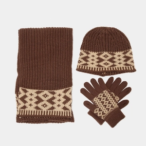Winter knitted set with dark brown beanie hat, long scarf and gloves in ethnic style