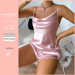 Women Satin Pajama Cowl Neck Cami Top And Shorts Imitation Satin Sleeveless Elegant Homewear