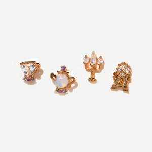 Detail of 4-piece jewelry set with teapot and clock icons and colorful crystals
