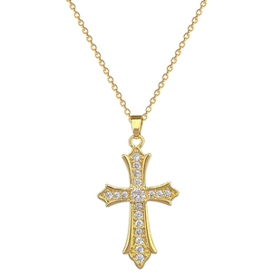Luxurious gold titanium cross necklace with sparkling rhinestones on a minimalist O-chain