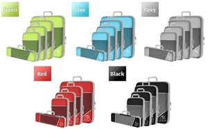 Flat lay of 5-piece travel storage bag set with breathable mesh and various sizes