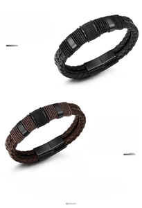 Detail of woven leather bracelets with high-grade stainless steel magnetic clasps