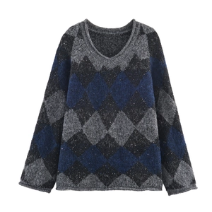 Damen-Strickpullover mit V-Ausschnitt, Rautenmuster in Grau-Blau und dezenten Pailletten