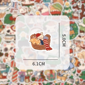 Cute Christmas bunny sticker in a basket with 5.0cm and 6.1cm size measurements
