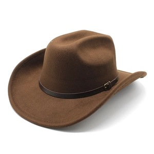Classic wide brim brown wool felt cowboy hat with leather belt and metal buckle