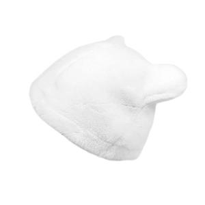 Close-up of white plush hat featuring cute bear ears and soft faux fur texture