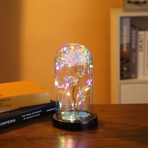 Preserved galaxy gold foil rose in glass dome with colorful LED fairy lights