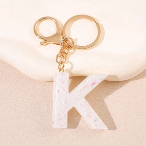 Creative resin letter K keychain with iridescent sequins and gold tone hardware