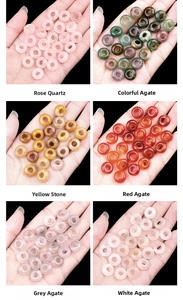 Detailed grid of natural stone abacus beads including rose quartz and colorful agate stones