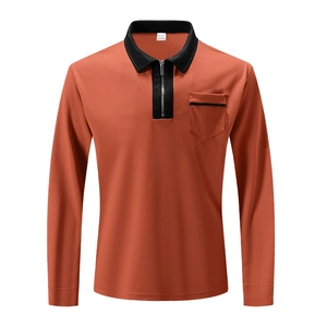 Close-up of the brick red long sleeve polo shirt showing the zipper and size M label