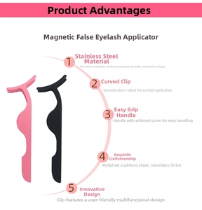Detail of pink and black magnetic eyelash tweezers with curved tip and wide handle