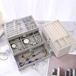 Layered Jewelry Organizer Box Transparent Acrylic Exterior Velvet Lining For Earring Ring Necklace Watch Desktop