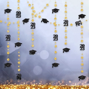 Vertical graduation garland with black glitter graduation caps and gold 2023 stars