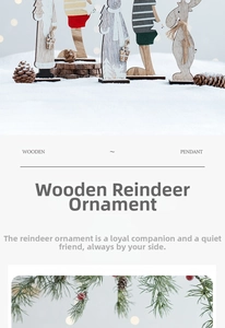 Close-up of wooden Christmas elk and snowman ornaments with natural wood grain detail