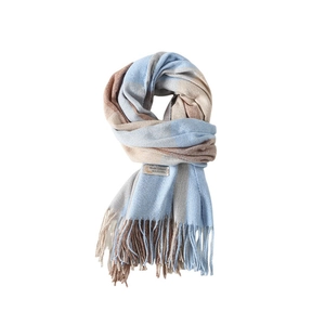 Soft plaid check tassel scarf in blue and beige tones for winter warmth