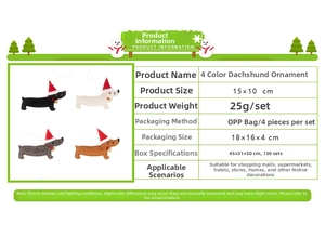 Set of four felt dachshund Christmas tree ornaments in different colors with red hats