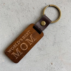 Vintage wooden keychain with USA flag theme and World's Best Mom engraved on solid wood