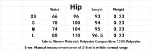 Detailed size chart for satin midi skirt listing waist and hip measurements in cm