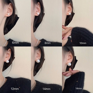 Detailed size comparison of 6mm to 14mm pearl stud earrings on a model's ear