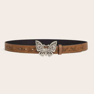Vintage Y2K brown leather belt with embossed butterflies and rhinestone butterfly buckle