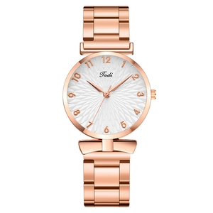 Elegant rose gold women's watch with steel strap and textured white numeric dial