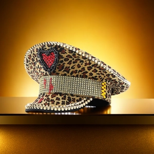 Dettaglio del cappello militare leopardato con cuore di strass rossi e borchie