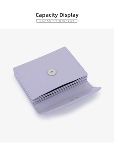 Detail view of lavender leather card holder with accordion slots and magnetic clasp