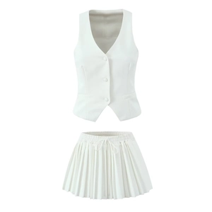 Women's white two-piece set featuring a buttoned vest and pleated drawstring mini skirt