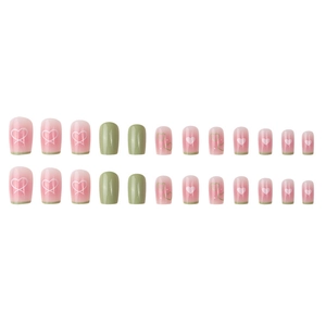 24pcs short square press-on nails with green and pink gradient heart pattern design