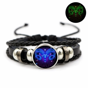 Retro Luminous Twelve Zodiac Leather Bracelet For Men Women Glow In The Dark Constellation Woven Alloy Glass Bracelet