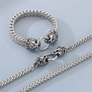 Detailed close-up of a masculine silver lion head pendant with stainless steel Cuban chain link