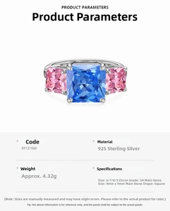 Macro detail of S925 silver ring featuring blue square stone and pink side zircons