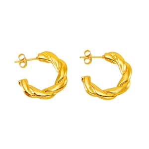 Polished 18K gold plated stainless steel twisted rope hoop earrings with butterfly backs