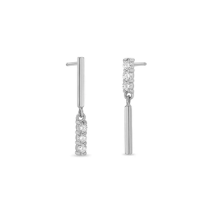 Close-up of S925 sterling silver drop earrings featuring three stacked clear cubic zirconia