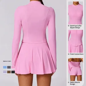 Ensemble de sport veste longue anti-UV et jupe plissée rose en tissu à séchage rapide