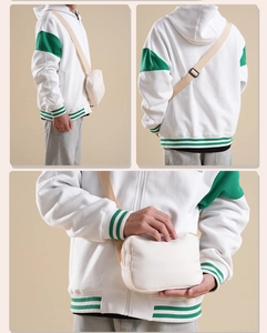 Three-way view of beige nylon crossbody bag showing front, side and back on male model