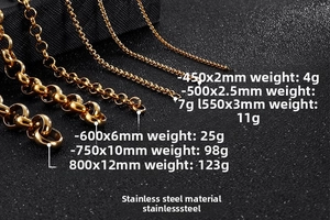 Detailed size comparison of 18K gold plated stainless steel cable chains from 2mm to 12mm