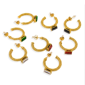 Golden C-shaped twist earrings with rectangular zircon stones in four vibrant colors