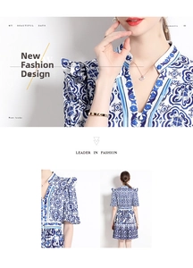 Detail of blue and white Majolica print dress featuring V-neck and ruffle sleeves