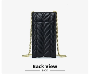 Rear view of black quilted leather cell phone bag with elegant gold chain strap