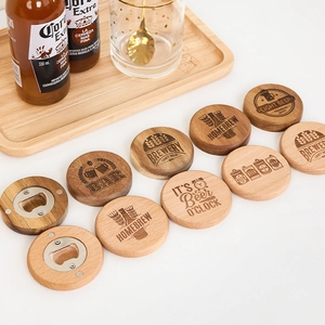 Custom wood magnetic bottle opener in light oak and walnut finishes with laser engraving
